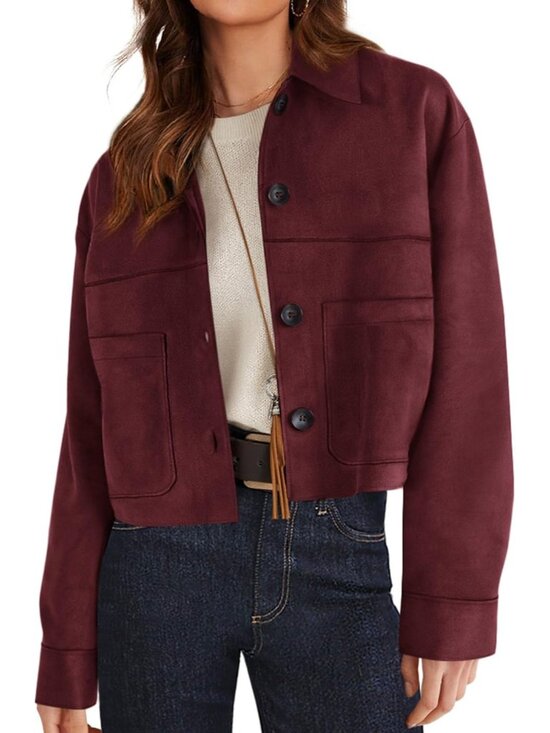 Jackets & Blazers - Women's Faux Suede Cropped Jacket Fall Fashion Winter Coats Outerwear Burgundy
